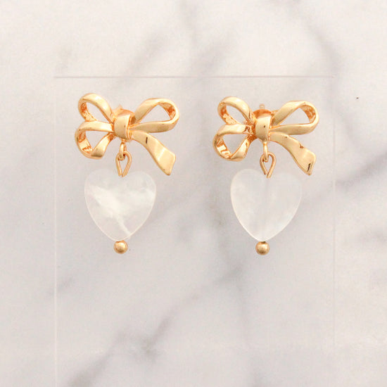 Delicate Bow & Nacre Heart Earrings